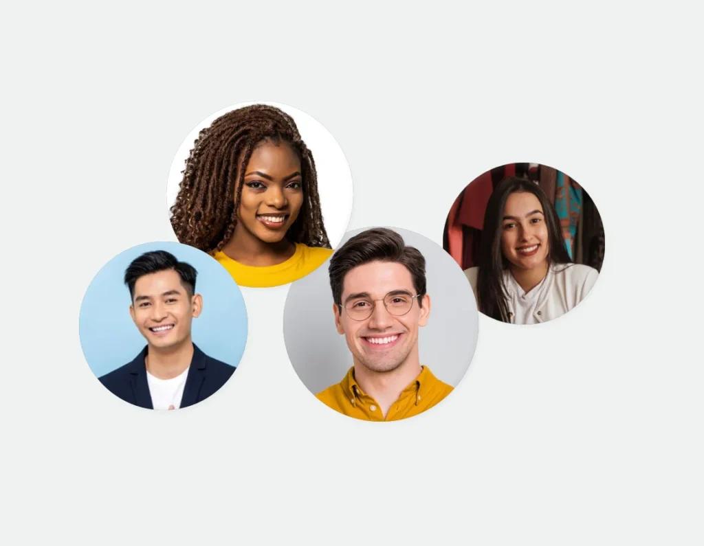 A diverse group of people smiling together in a circle, symbolizing collaboration in digital marketing growth services.